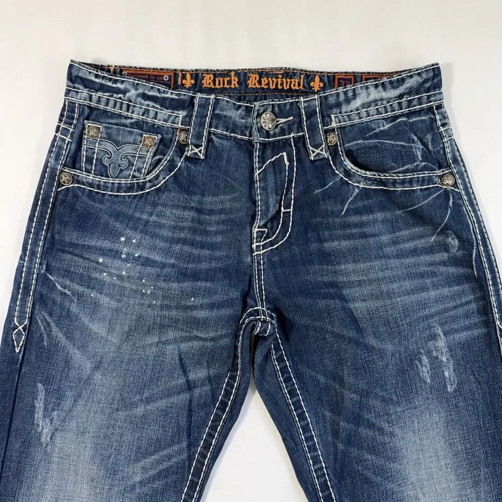 Rock Revival Mason Jeans Sz 33 Blue Distressed Bootcut Denim Y2K Grunge Festival - Picture 3 of 13
